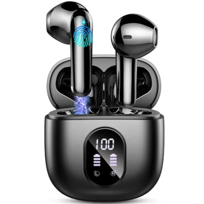 Écouteurs sans fil, écouteurs intra-auriculaires Bluetooth 5.3 avec micro ENC, autonomie de 50 heures d’écoute, écouteurs sans fil à affichage LED.