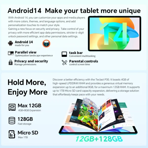 Teclast P30 Android 14 tablette, 10,1 pouces, max 12 Go de RAM, 128 Go ROM, 1280x800 IPS, UNISOC T606, 8 cœurs, 6000mAh - Image 3