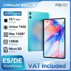 Teclast P30 Android 14 tablette, 10,1 pouces, max 12 Go de RAM, 128 Go ROM, 1280x800 IPS, UNISOC T606, 8 cœurs, 6000mAh