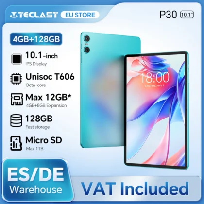 Teclast P30 Android 14 tablette, 10,1 pouces, max 12 Go de RAM, 128 Go ROM, 1280×800 IPS, UNISOC T606, 8 cœurs, 6000mAh