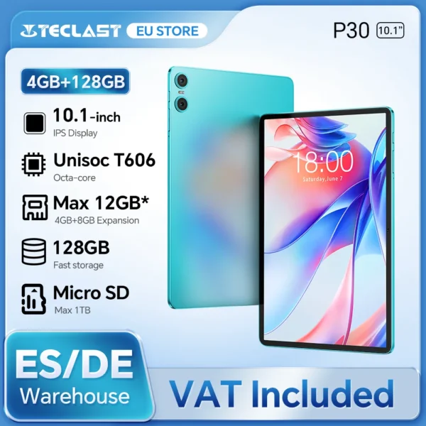 Teclast P30 Android 14 tablette, 10,1 pouces, max 12 Go de RAM, 128 Go ROM, 1280x800 IPS, UNISOC T606, 8 cœurs, 6000mAh
