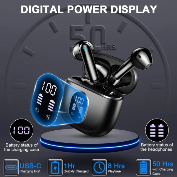 Écouteurs sans fil, écouteurs intra-auriculaires Bluetooth 5.3 avec micro ENC, autonomie de 50 heures d'écoute, écouteurs sans fil à affichage LED. - Image 4